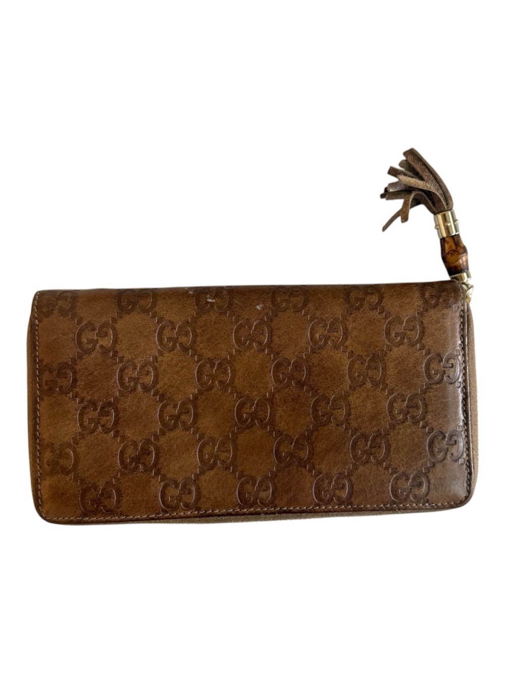 Authentic Gucci Guiccissimma Brown Embossed Monogram Leather Zip Wallet Tassel